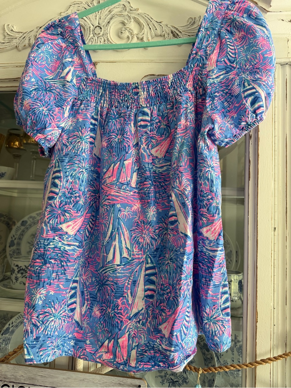 Lilly Pulitzer Blue & Pink Sailboat Print Puff Sleeve Top